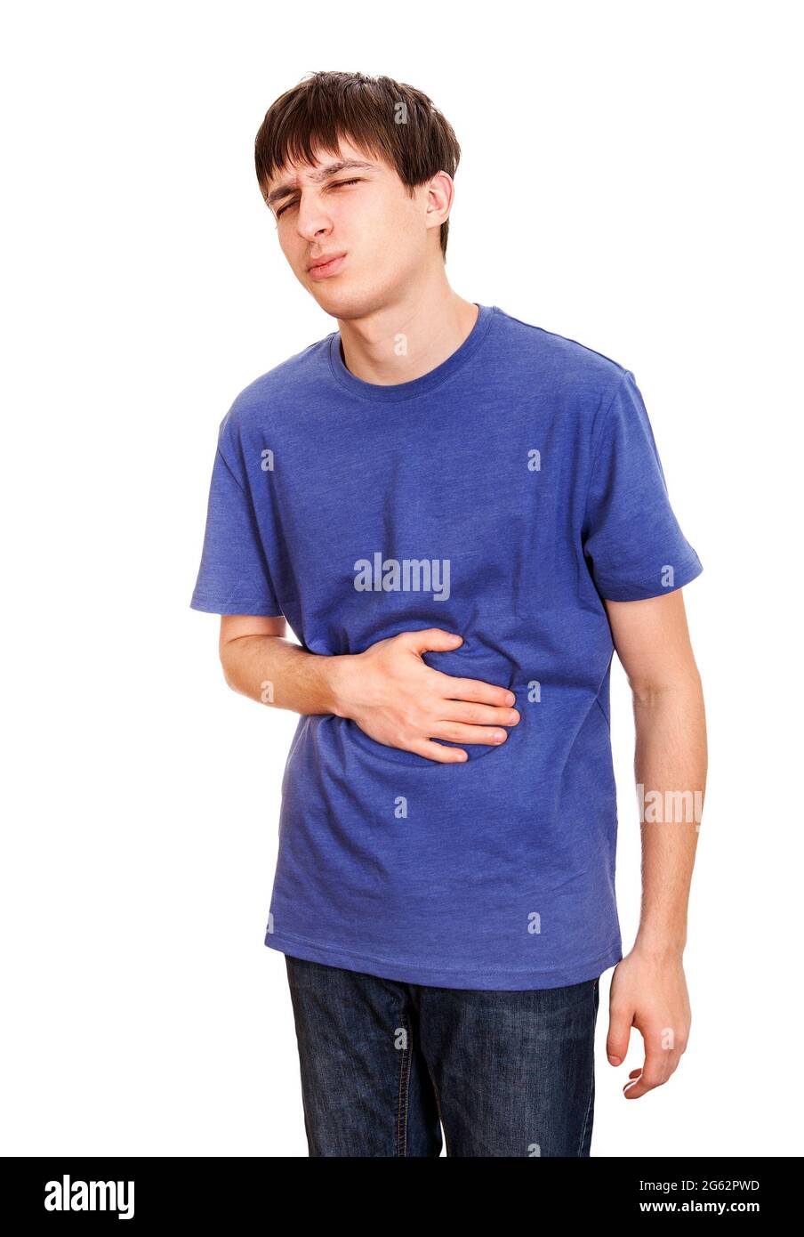 Young Man feels Stomachache Isolated on the White Background Stock Photo