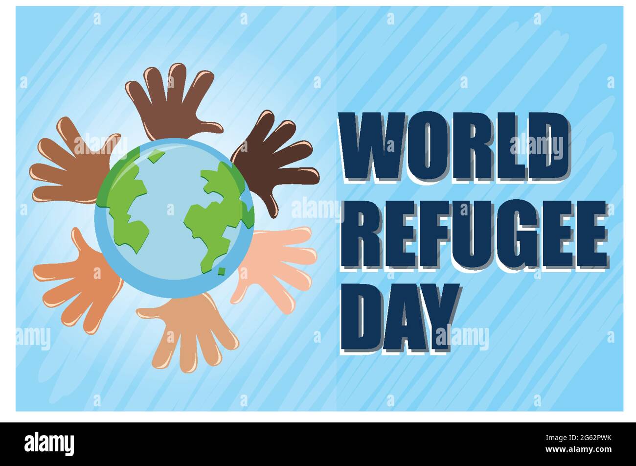 World Refugee Day banner with many hands around globe illustration ...