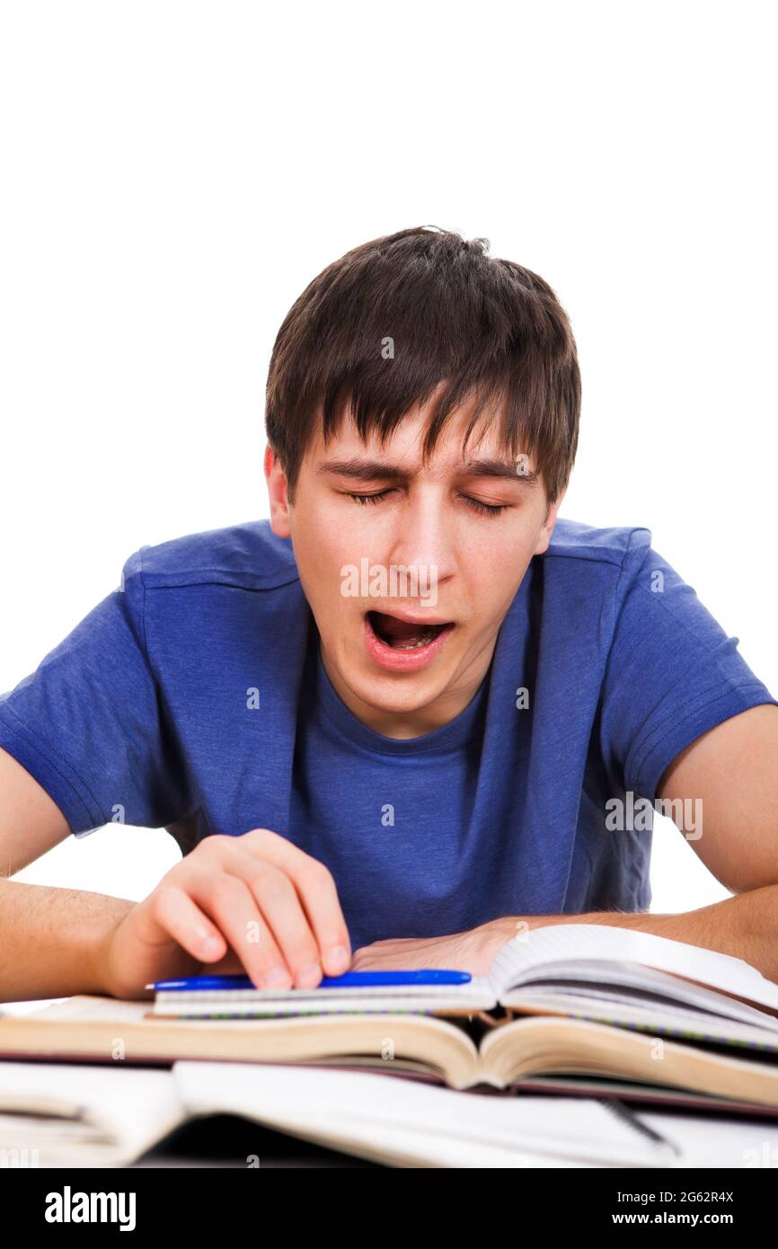 Tired Student Yawning on the School Desk Isolated on the White Background Stock Photo Alamy