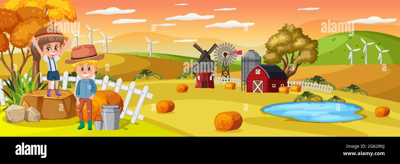 Farm horizontal landscape scene with children cartoon character ...