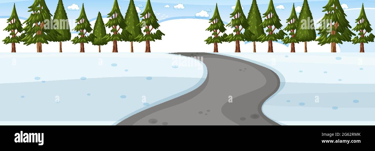 Snow scene road through the park horizontal landscape illustration ...