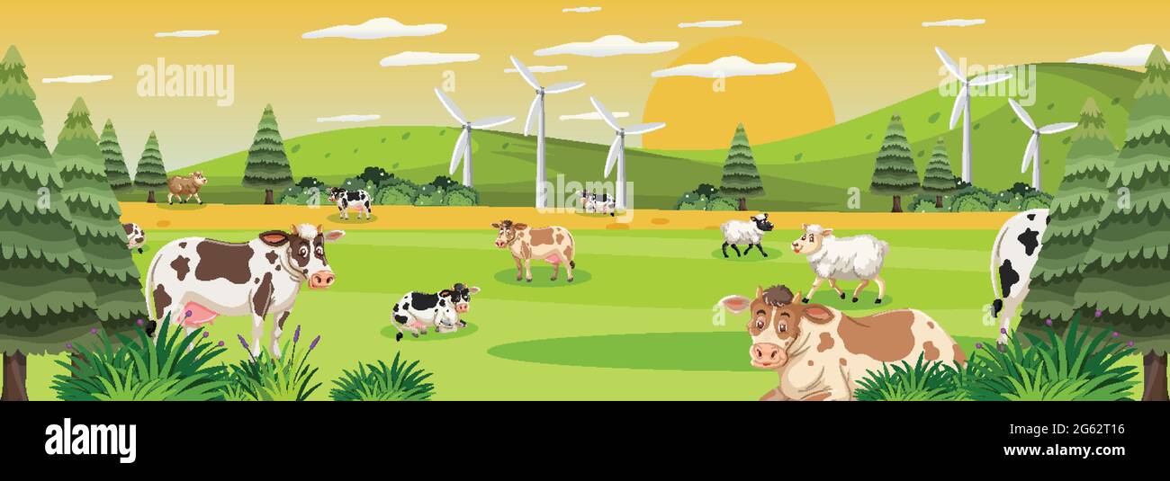Farm panorama landscape with many cows in the meadow illustration Stock ...