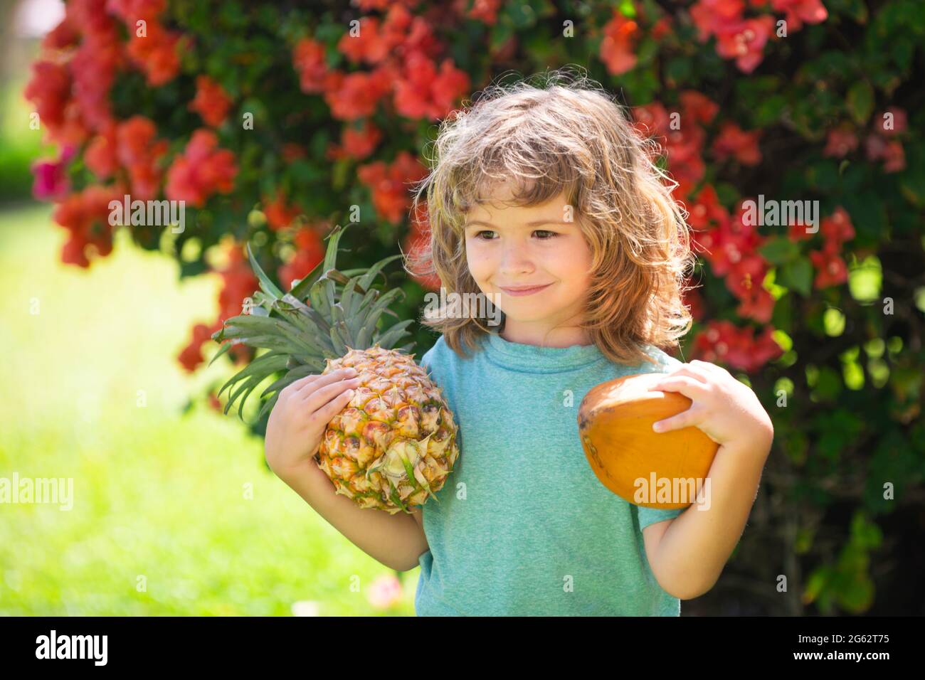 Child boy holding pineapple and coconut smiling with happy face in yard. Summer fruits. Stock Photo