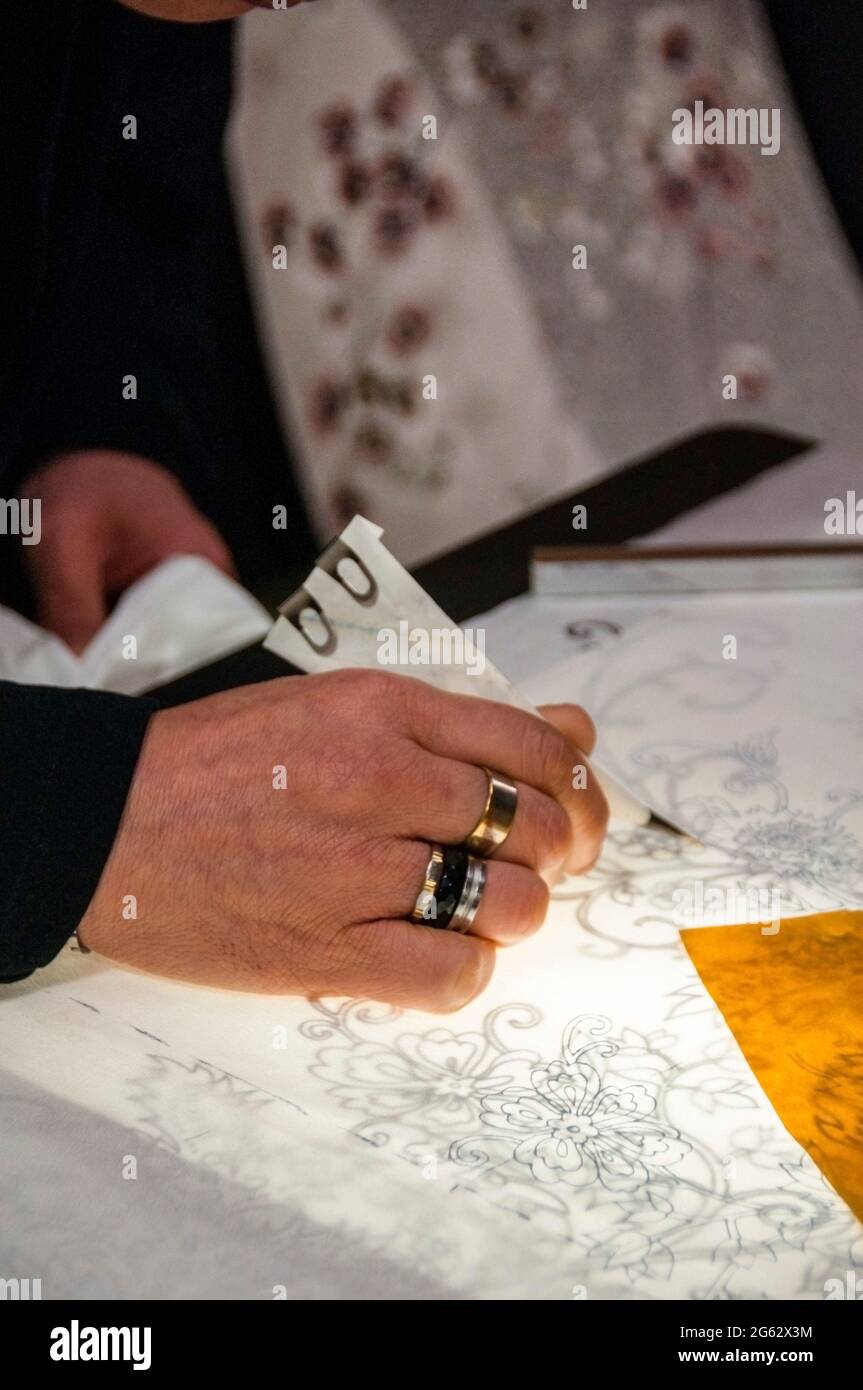 Kimono designer at Nishijin Textile Center in Kyoto, Japan Stock Photo