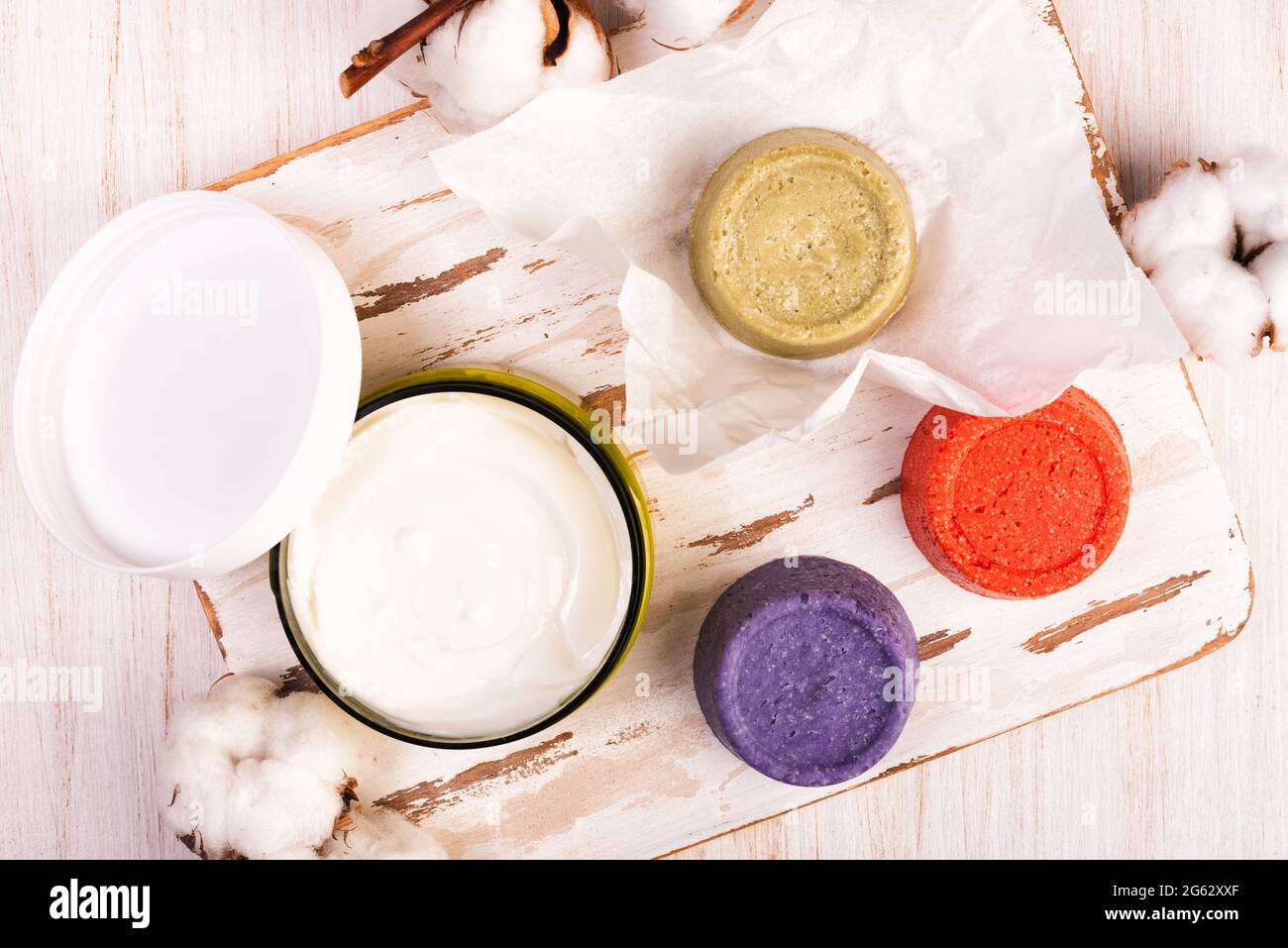 Solid bars of organic shampoo, conditioner and body cream. Zero waste