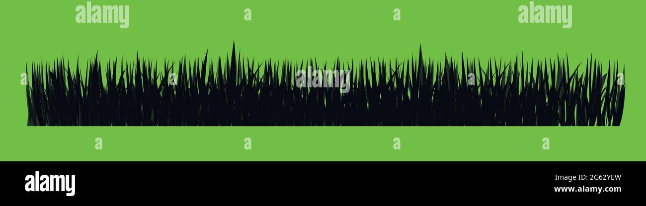 Grey horizontal banner of wavy meadow silhouette with grass isolated on green. Vector  Stock Vector
