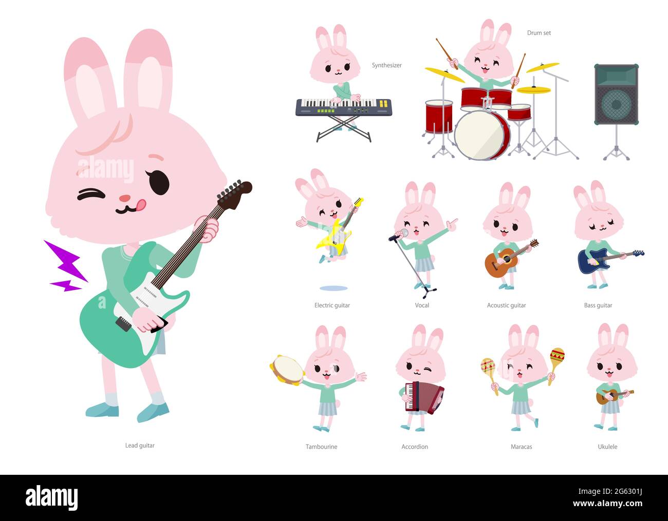 A set of rabbit girl playing rock 'n' roll and pop music.It's vector art so it's easy to edit. Stock Vector