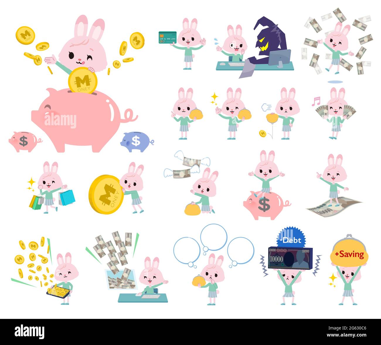 A set of rabbit girl with concerning money and economy.It's vector art so it's easy to edit. Stock Vector