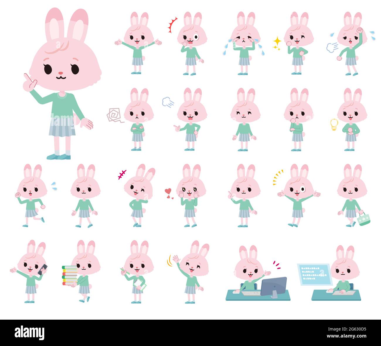 A set of rabbit girl with who express various emotions.It's vector art so easy to edit. Stock Vector