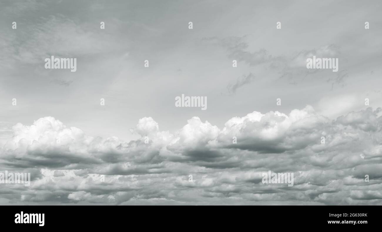 Overcasted Panorama view of overcast sky. Dramatic gray sky and white clouds ...