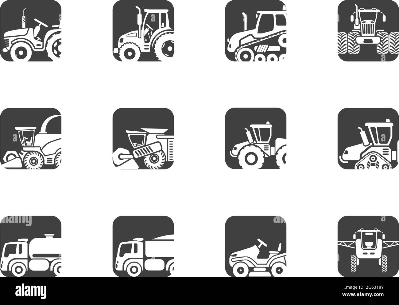 Agricultural vehicles icons set Stock Vector
