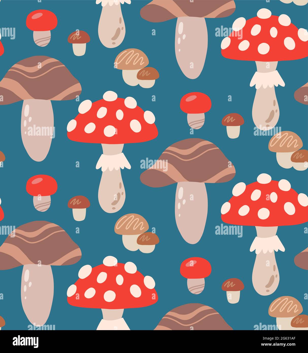 Seamless flat texture with mushrooms and amanita on a dark background. Cartoon pattern with fungus. Hand drawn wallpaper with forest gifts. Vector nat Stock Vector