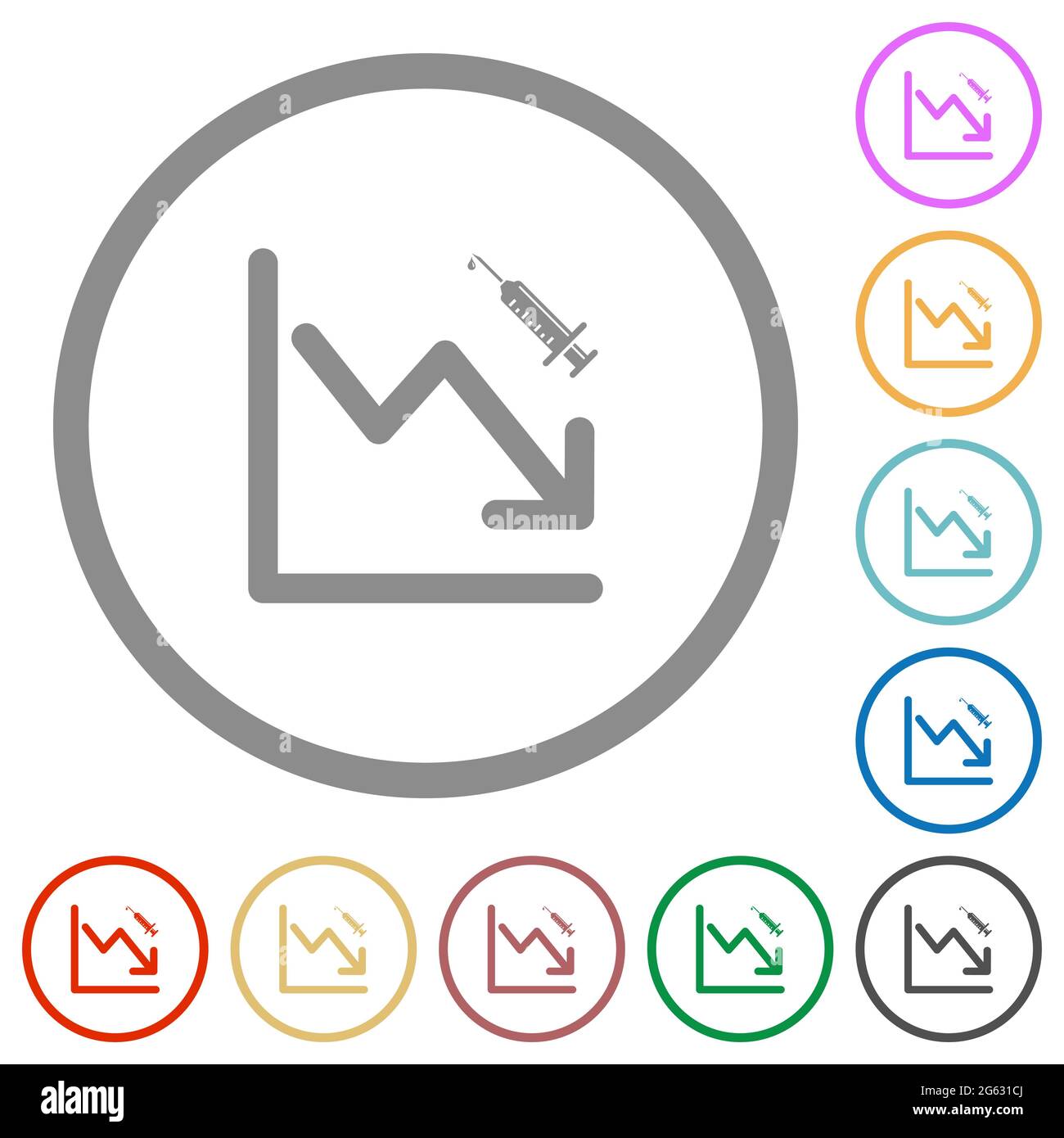 Falling vaccination graph flat color icons in round outlines on white ...