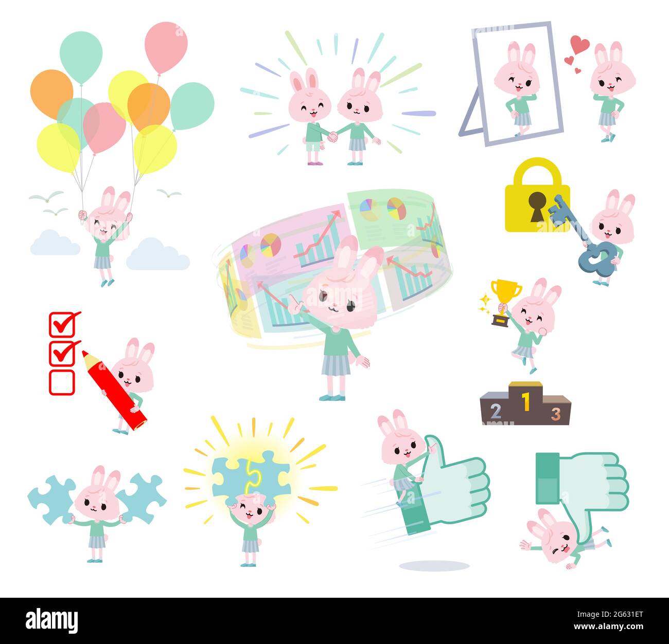 A set of rabbit girl on success and positive.It's vector art so it's easy to edit. Stock Vector