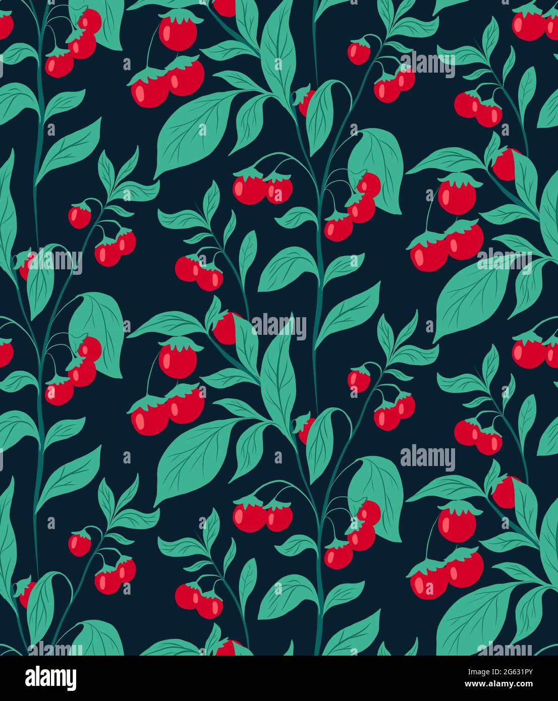 Seamless pattern with cherry tomatoes on the bushes with leaves on dark turquoise background. Vector natural flat texture. Gardening and horticulture. Stock Vector