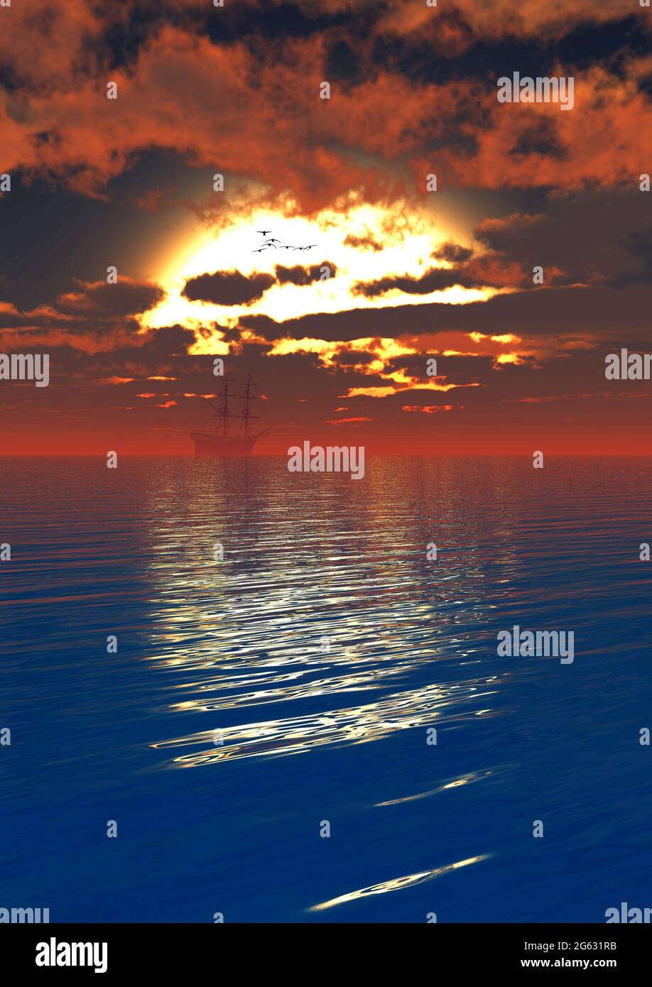 A Spanish Brig Sailing Out At Sea Stock Photo