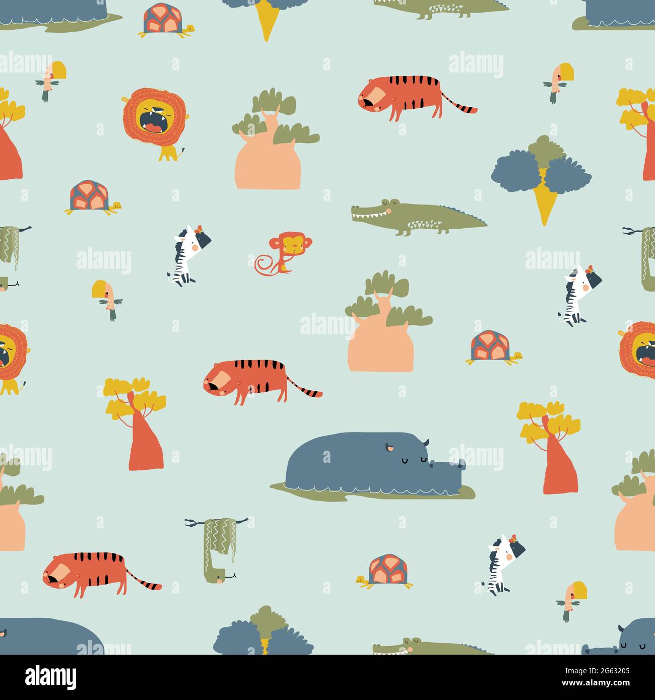 Seamless Pattern with Wild Jungle Animals on Blue Background Stock Vector