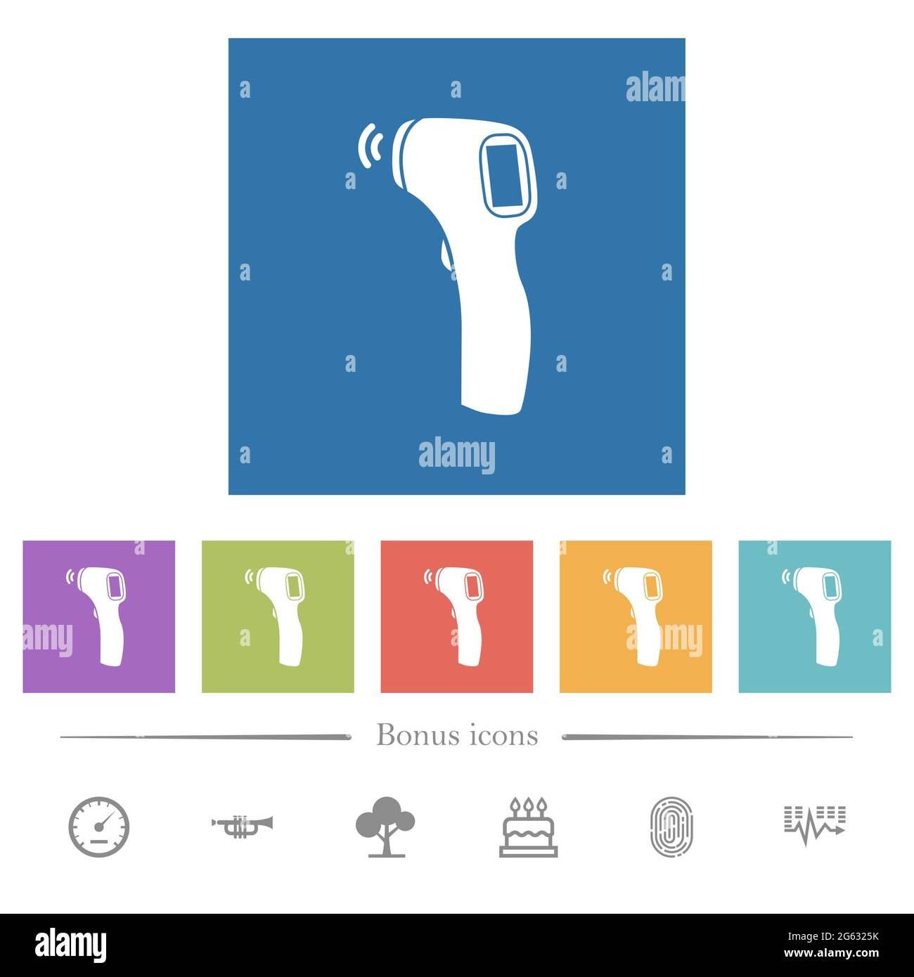 Contactless thermometer flat white icons in square backgrounds. 6 bonus ...