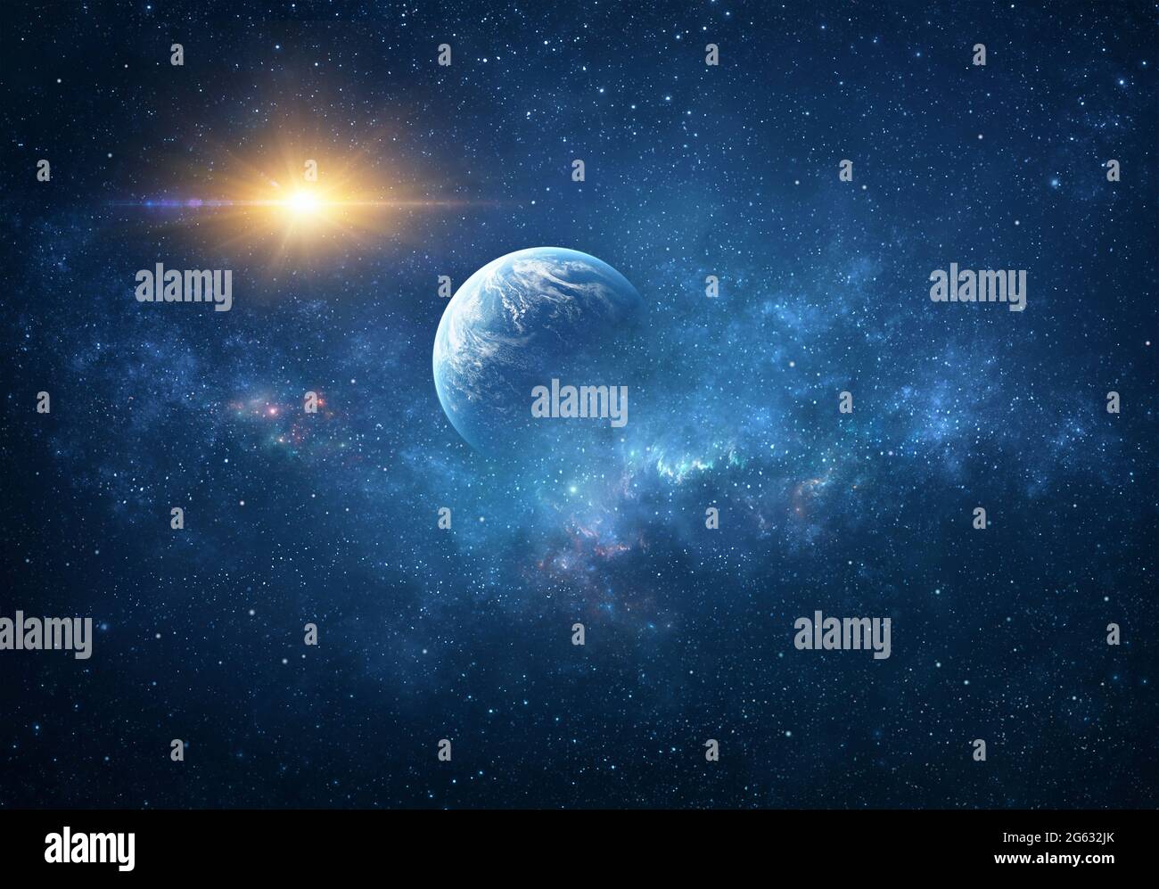 Planet behind star clusters and nebulas, sun shining in outer space. Fragment of Universe. Stock Photo