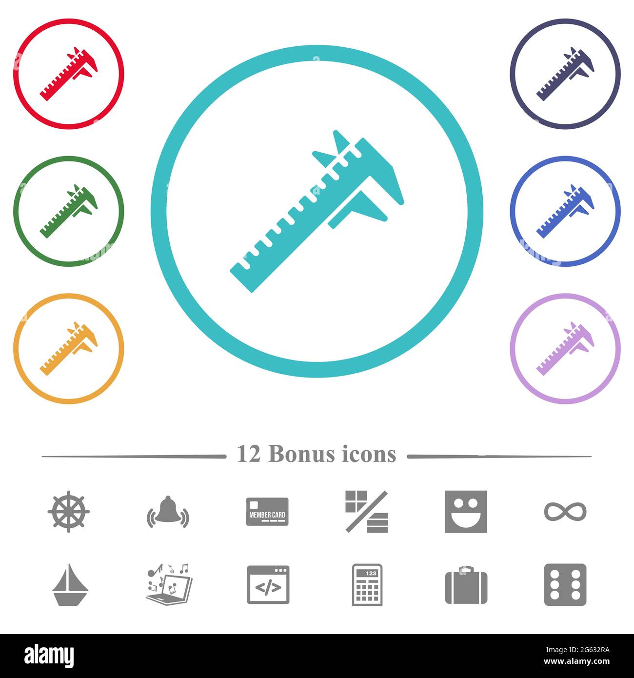 Caliper flat color icons in circle shape outlines. 12 bonus icons ...