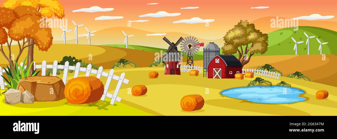 Farm horizontal landscape at sunset time scene illustration Stock ...