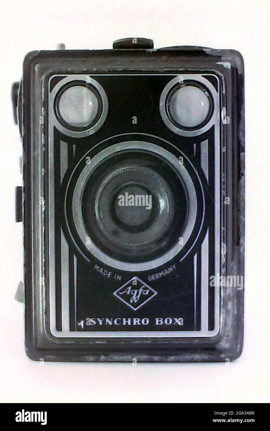 Front of an antique Agfa Synchro box camera which used 120 size film Stock Photo