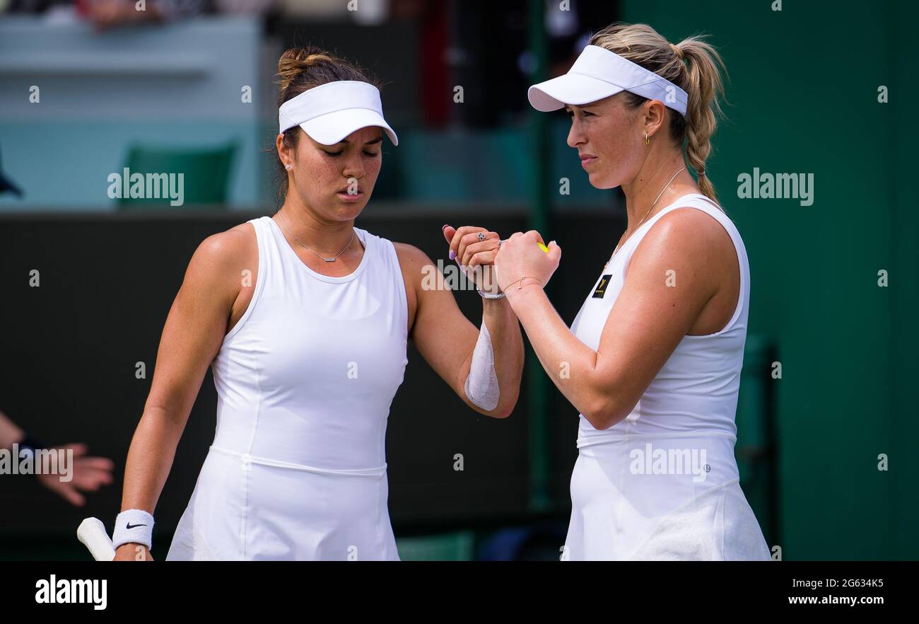 London, UK. 01st July, 2021. Desirae Krawczyk of the United States and  Alexa Guarachi of Chile playing doubles at The Championships Wimbledon  2021, Grand Slam tennis tournament on July 1, 2021 at