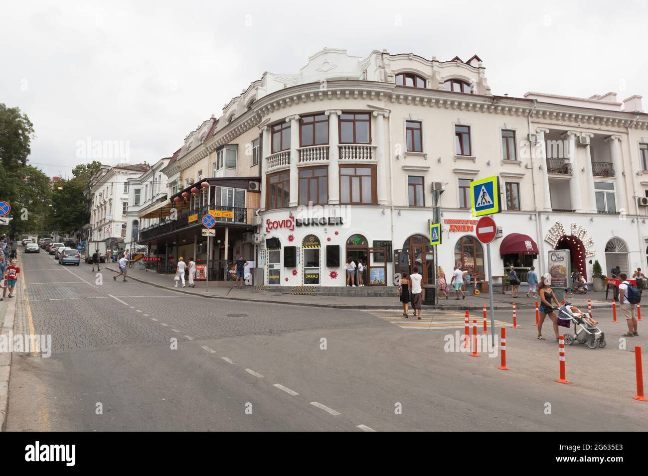 Sevastopol, Crimea, Russia - July 28, 2020: Fast food restaurant 'Covid Burger' on Aivazovsky street in the city of Sevastopol, Crimea Stock Photo
