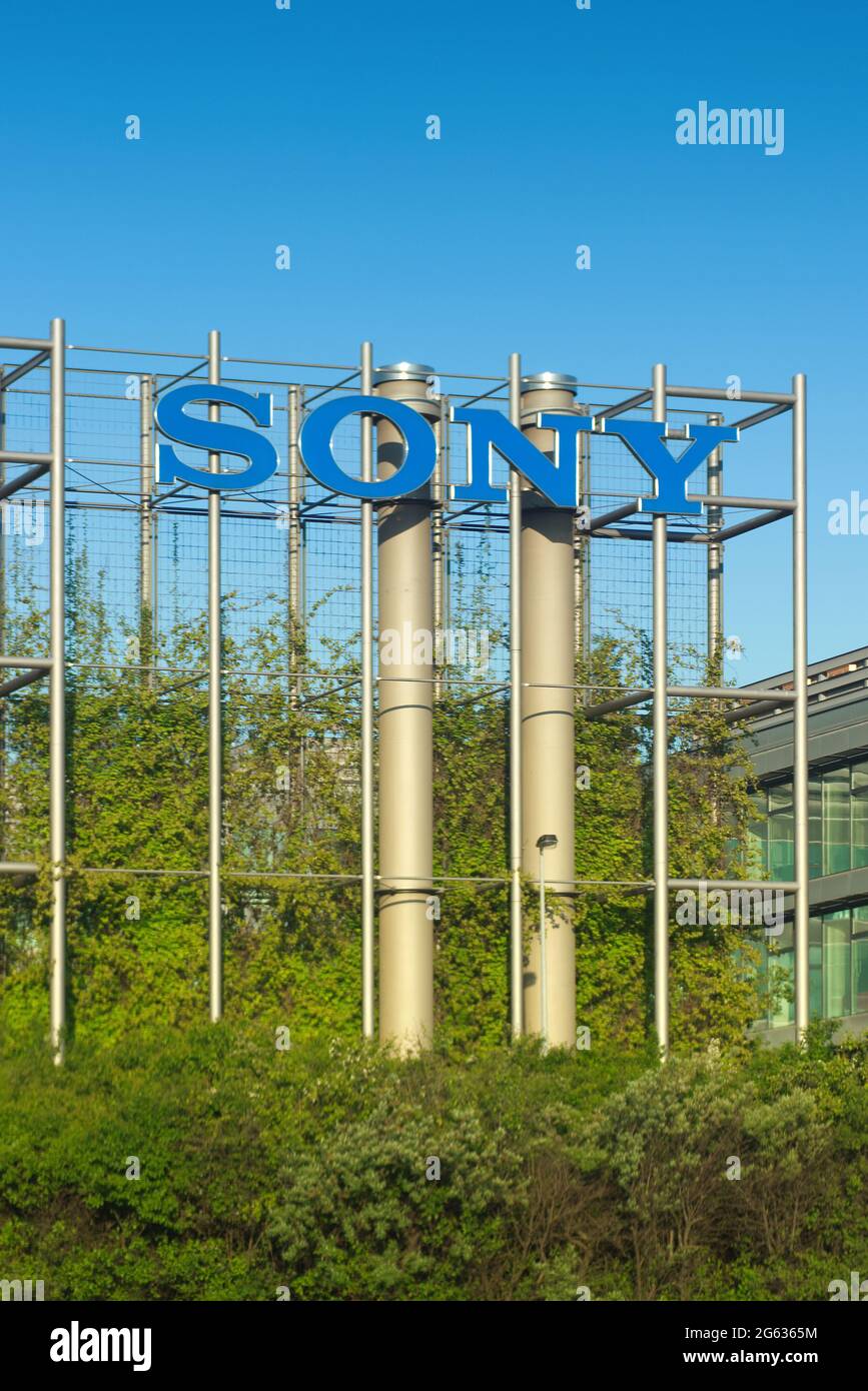 Sony logo on a construction at industrial park Chodov on May 31, 2021 in Prague, Czech republic Stock Photo