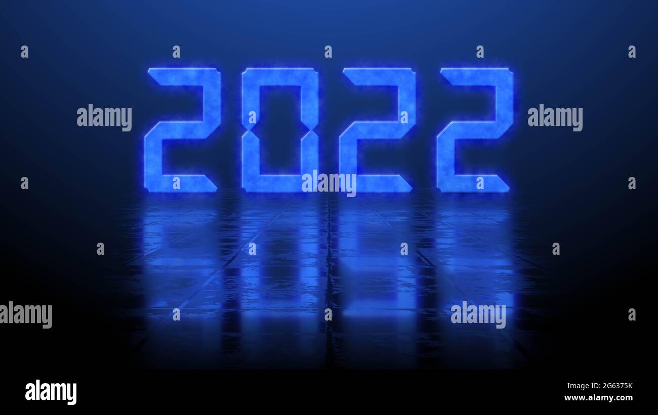 Year change 2022 blurred blue year digits with reflection effects on