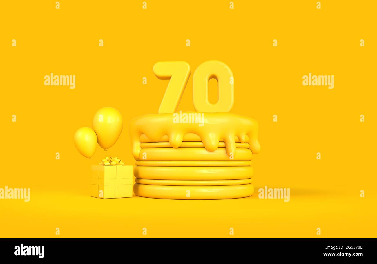 Happy 70th Birthday celebration cake with present and balloons. 3D Rendering Stock Photo