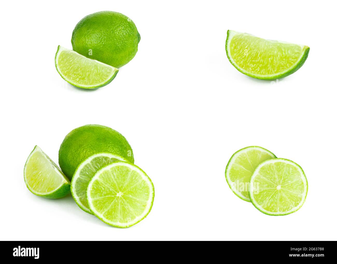 Fresh green juicy limes, lime slices, ice and mint leaves set isolated on white background. Stock Photo