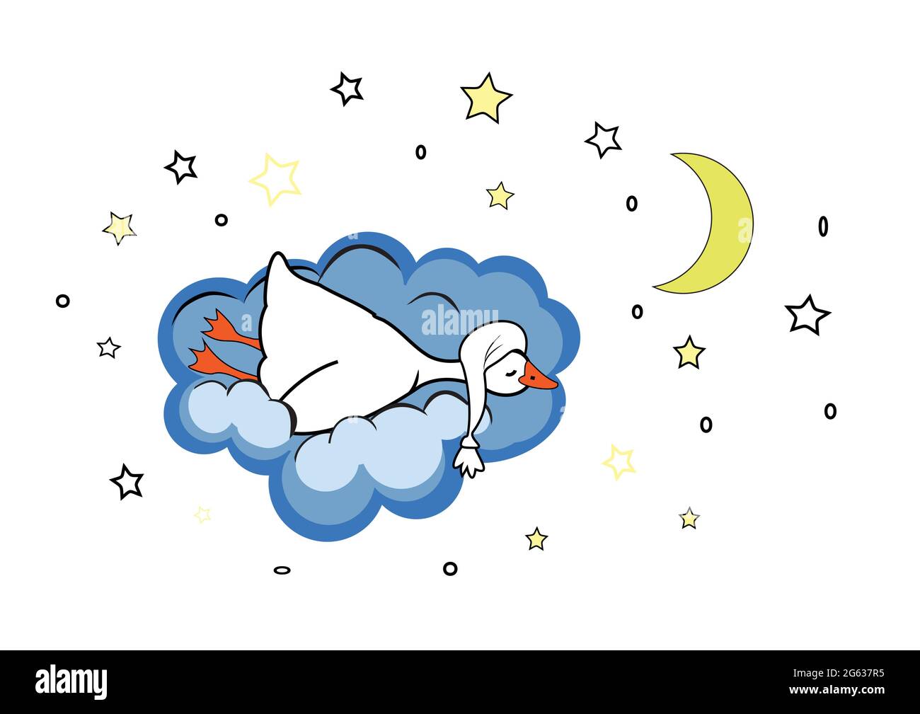 Cute sleeping goose in a nightcap on a blue cloud in the sky with stars ...