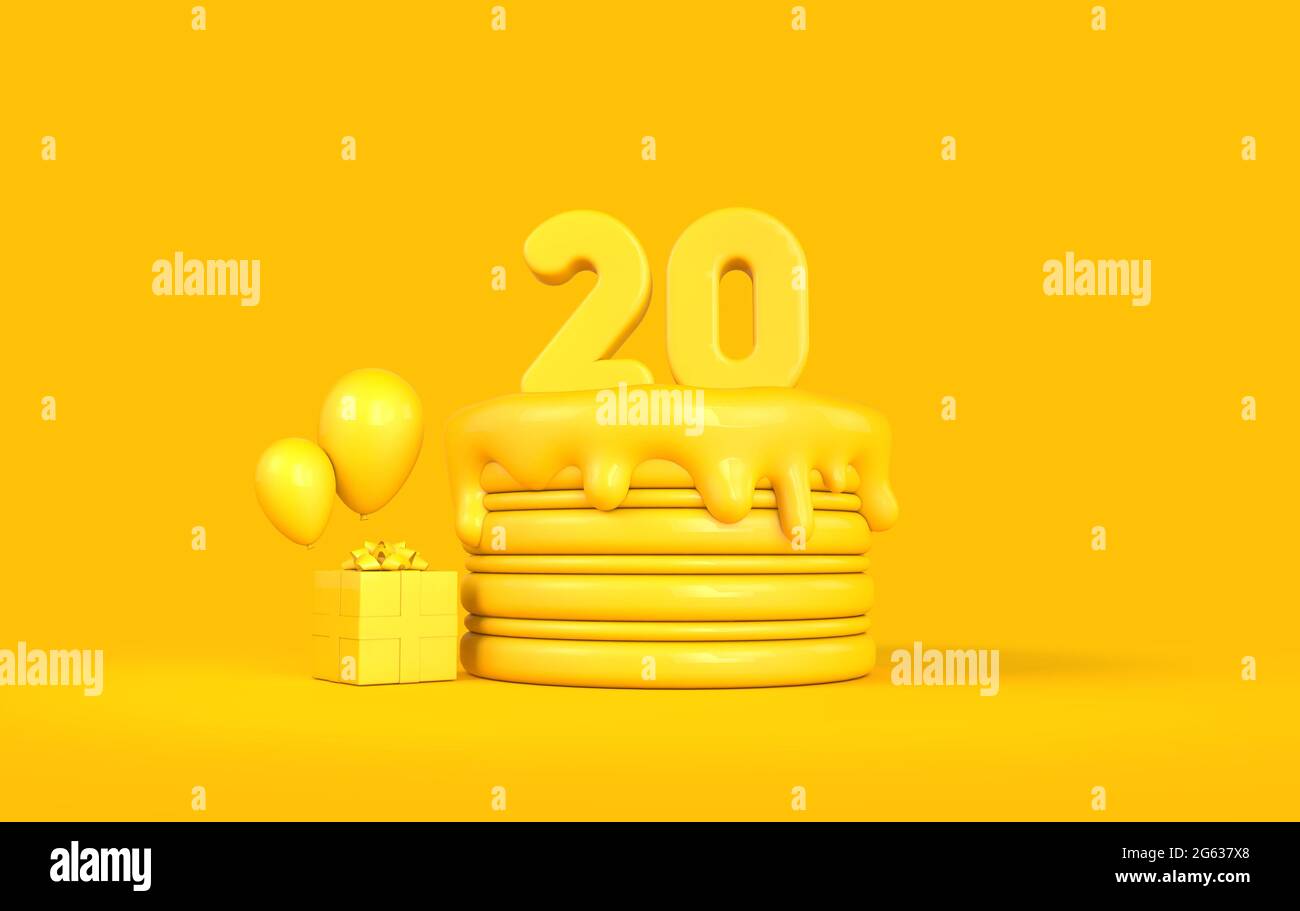 Happy 20th Birthday celebration cake with present and balloons. 3D Rendering Stock Photo