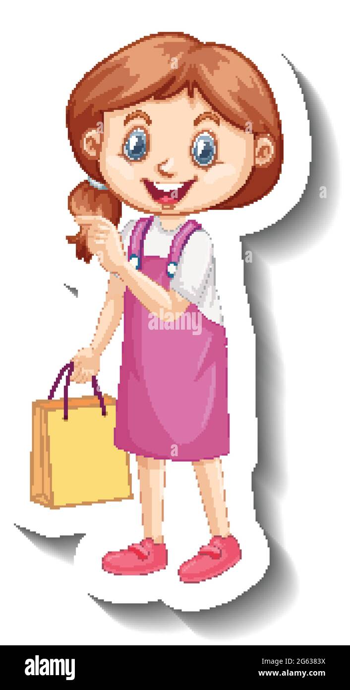 Cute girl in pink dress cartoon character sticker illustration Stock ...