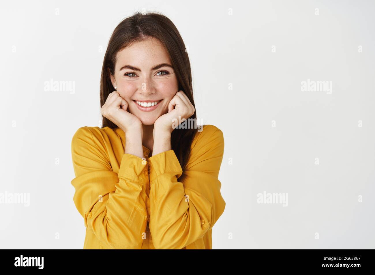 Premium Photo  Image of cute girlfriend smiling and leaning face on