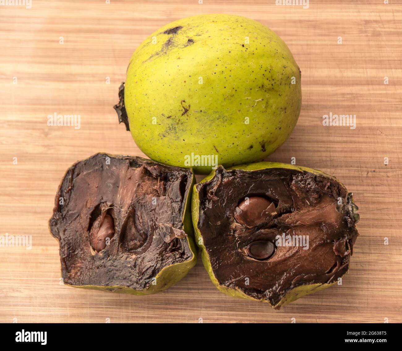 Ripe chocolate pudding fruit, black sapote, Diospyros nigra. Light green skin with soft, dark brown flesh. Grown in Australia, ready to eat. Stock Photo