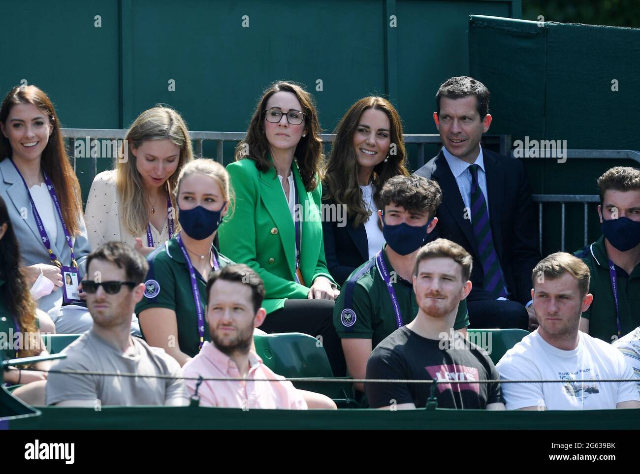 Tennis - Wimbledon - All England Lawn Tennis and Croquet Club, London, Britain - July 2, 2021 Britain's Catherine, Duchess of Cambridge and Tim Henman on court 14 Pool via REUTERS/Neil Hall Stock Photo