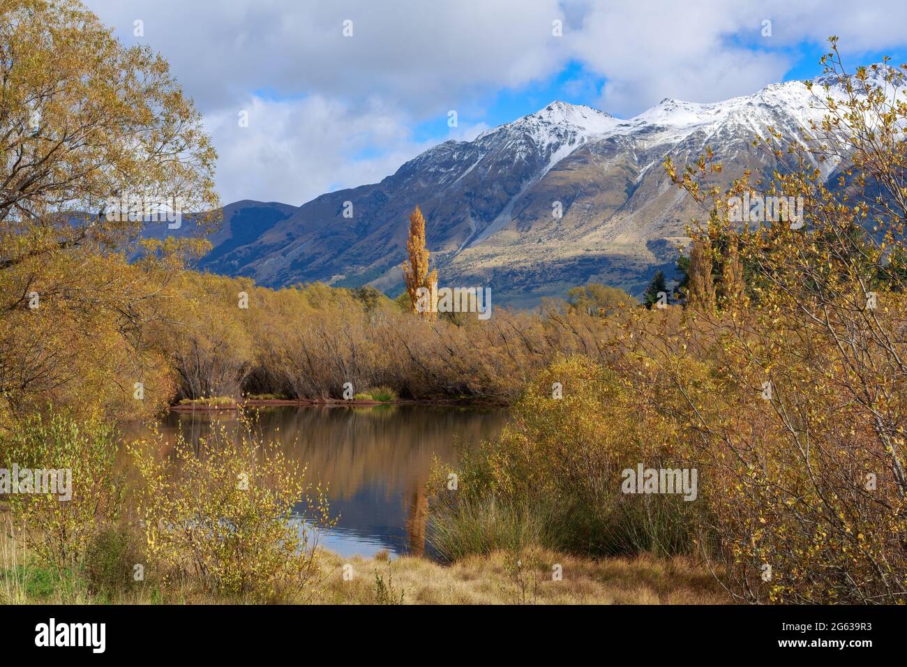 Autumn landscape in the Glenorchy Lagoon, a scenic wetland in the South Island of New Zealand Stock Photo
