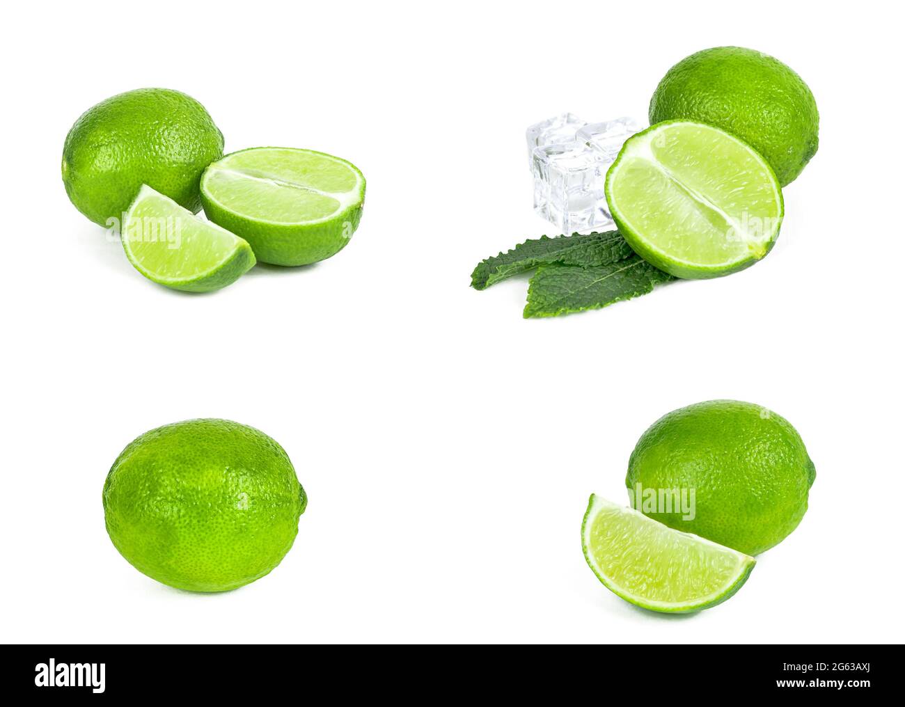 Fresh green juicy limes, lime slices, ice and mint leaves set isolated
