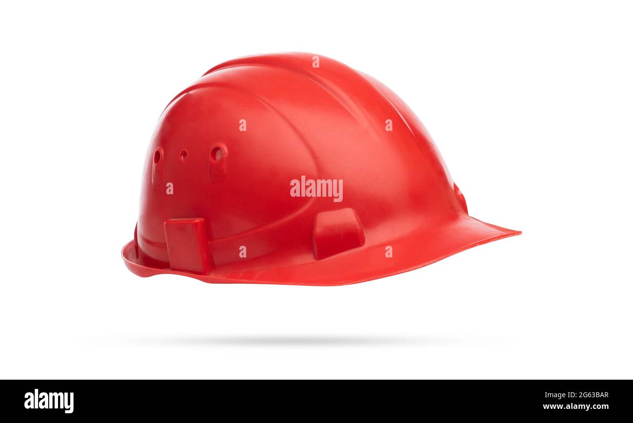 Plastic protective helmet for worker isolated on white background Stock Photo