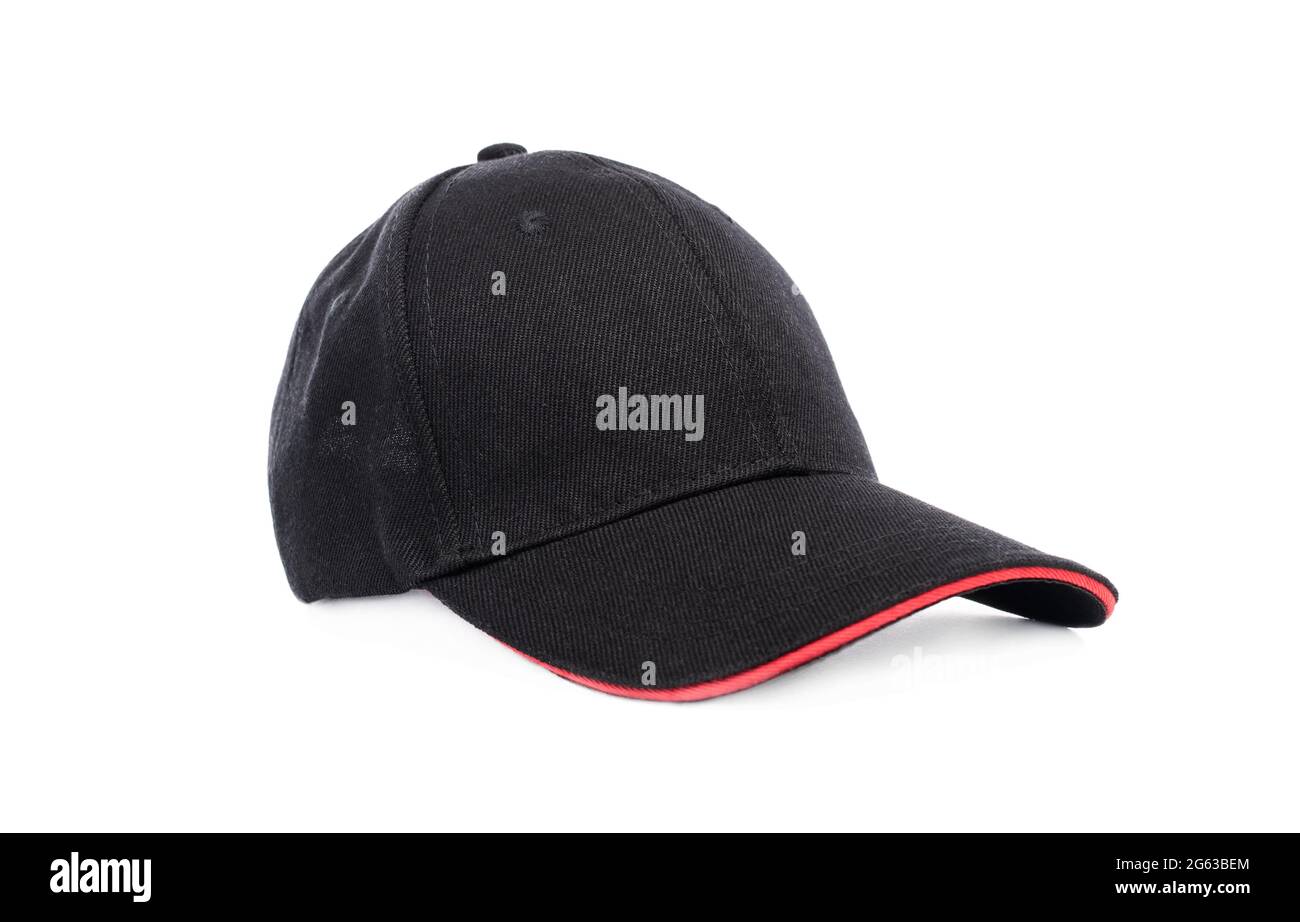 Dark baseball cap with red visor isolated on white background Stock