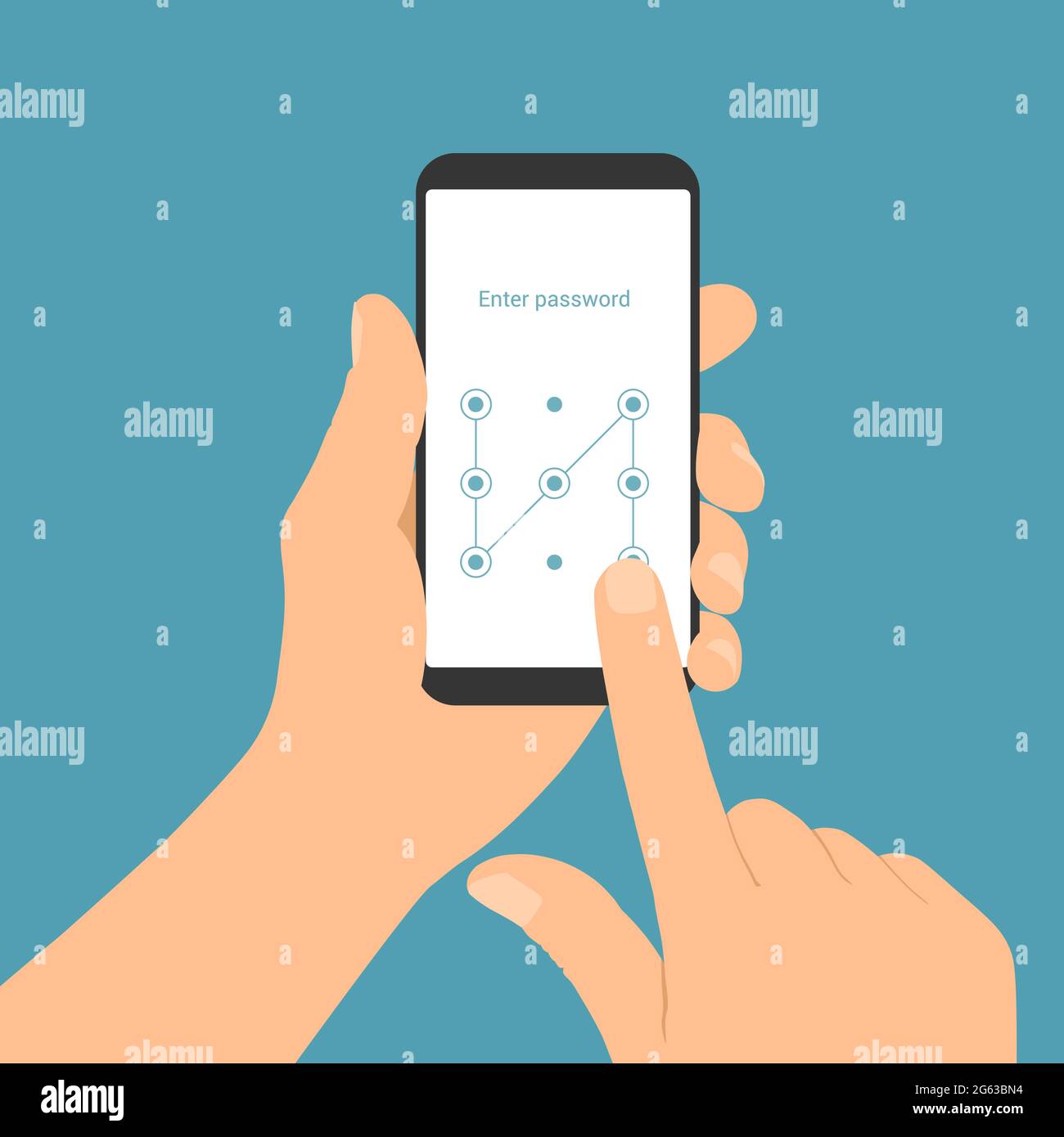 Flat design illustration of a man's hand holding a smartphone with a login screen and entering a graphic passcode - vector Stock Vector