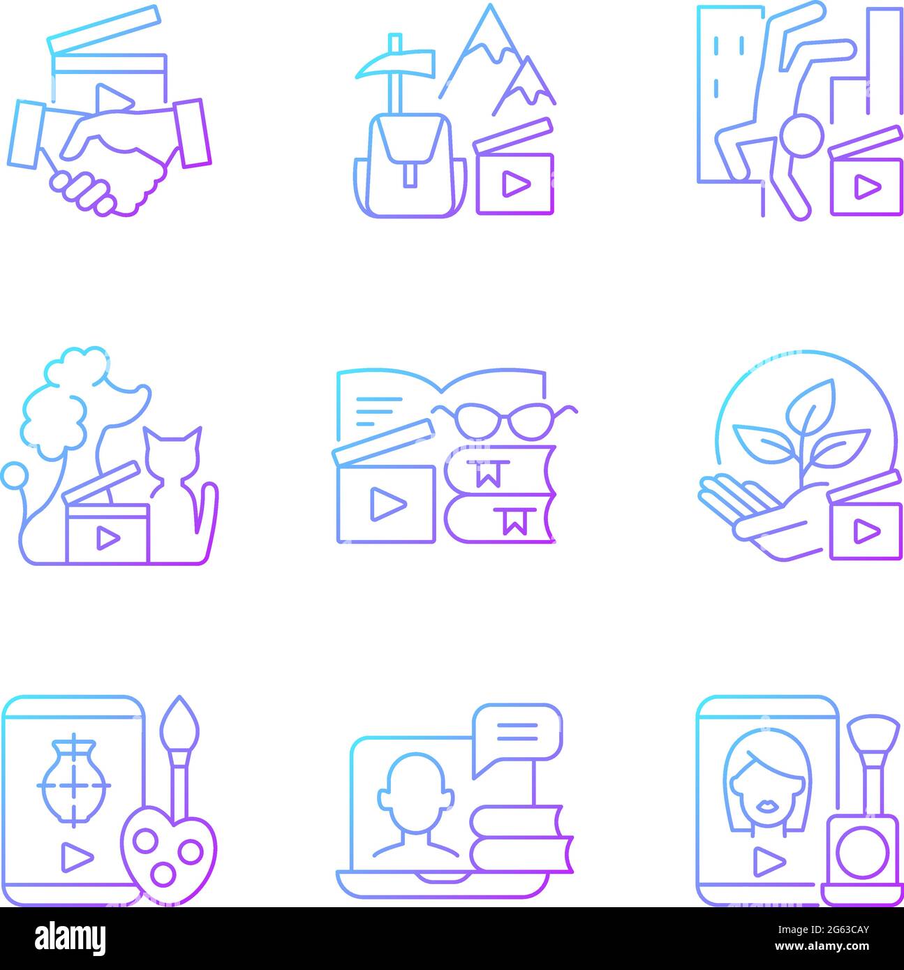Video content gradient linear vector icons set Stock Vector