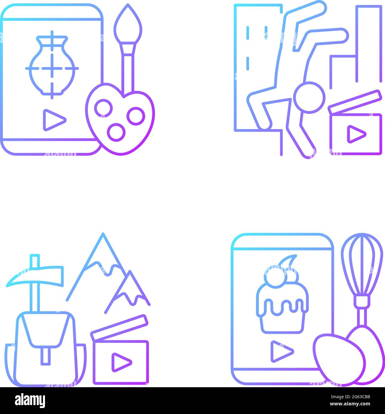 Internet video gradient linear vector icons set Stock Vector