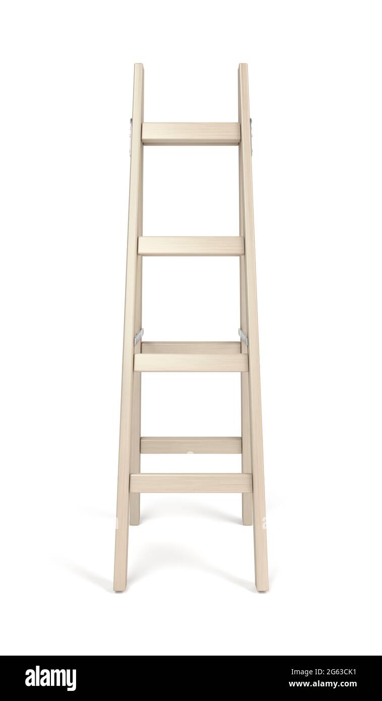Front view of double wooden ladder, isolated on white background Stock Photo