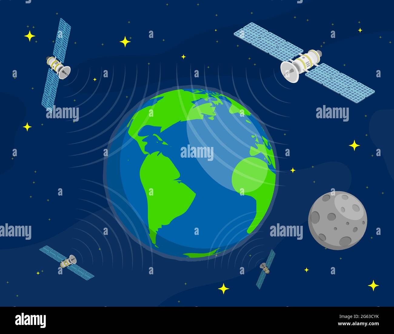 Satellites fly in orbit around planet Earth in space and transmit communication signal. Satellite communication and GPS navigation. Cartoon vector Stock Vector