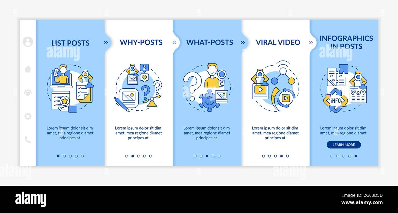 Top shareable posts types onboarding vector template Stock Vector