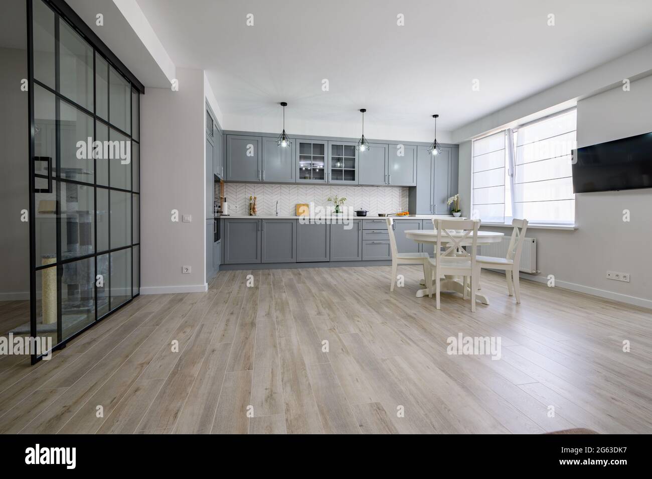 View of Trendy grey and white modern kitchen furniture in studio apartment ...