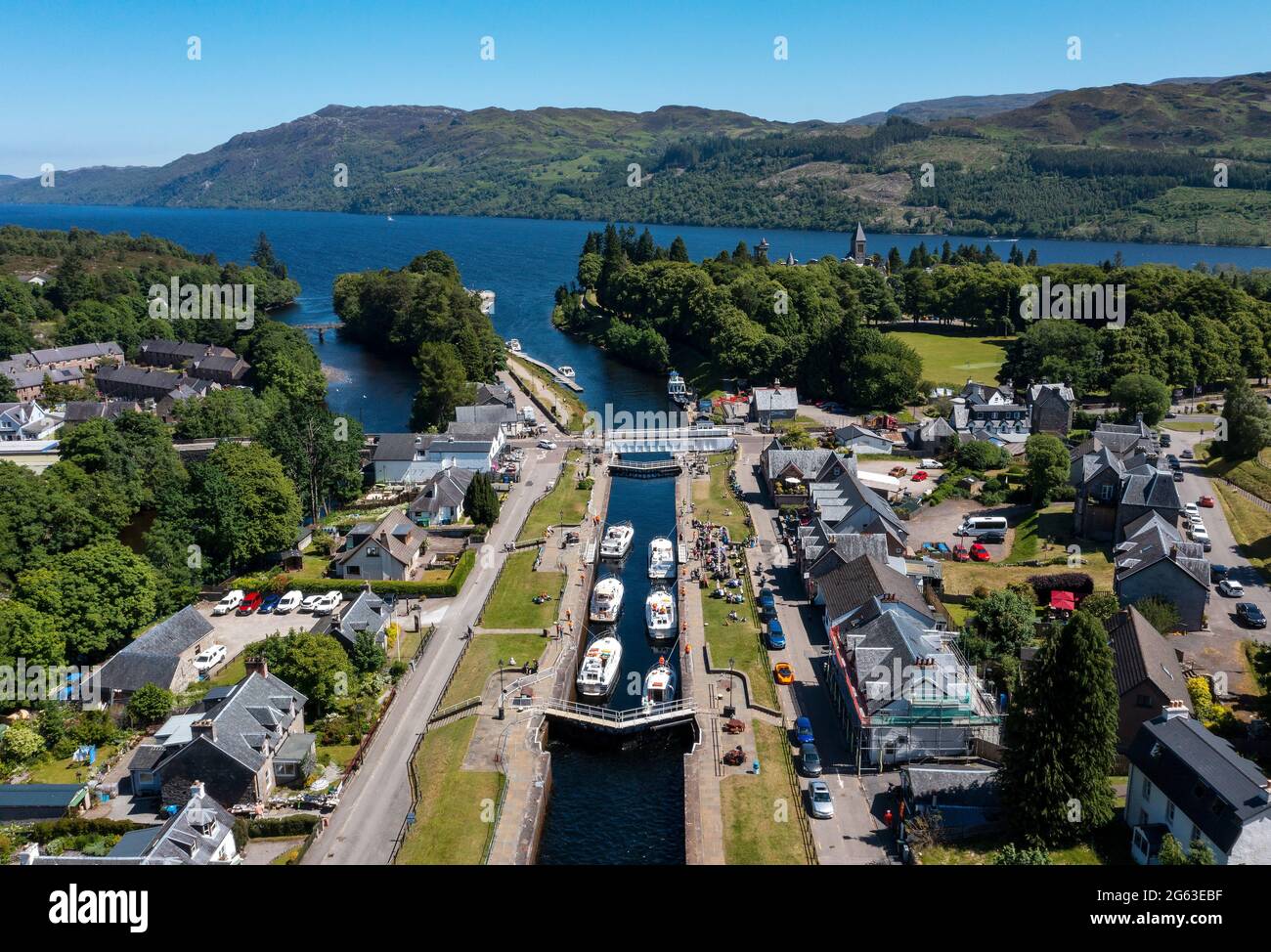 Aerial view of the Caledonian Canal and canal locks at Fort Augustus, Inverness-shire, Scotland. Stock Photo